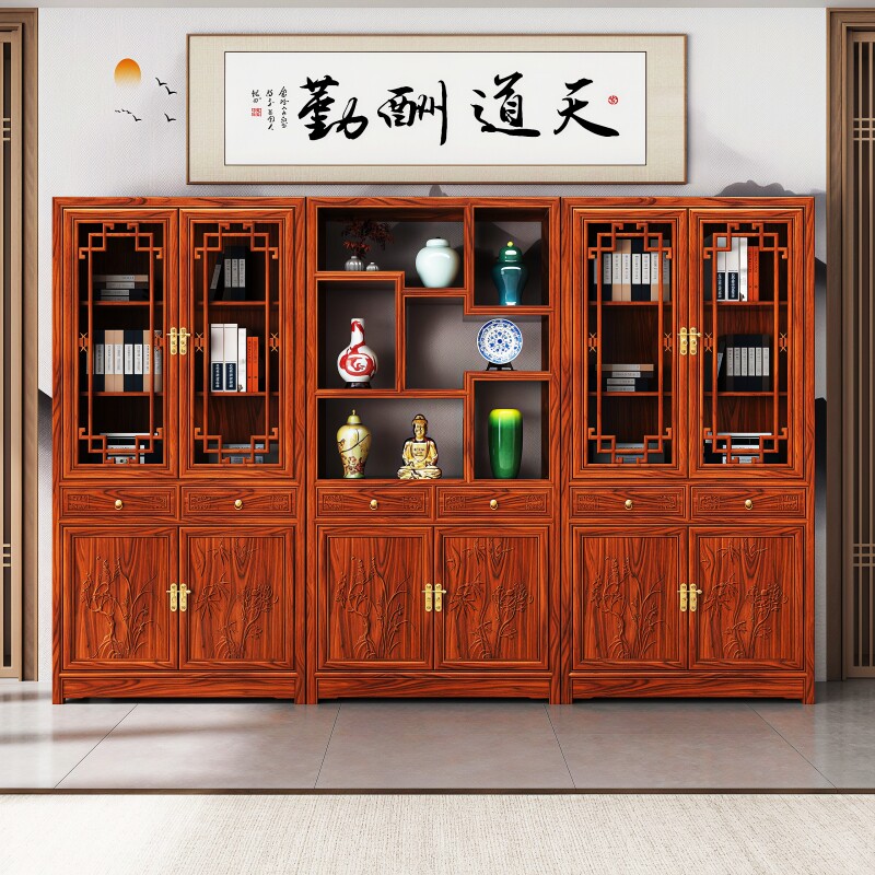 实木书柜三组合雕花一体玻璃门展示柜榆木家用古玻璃门书柜桌柜