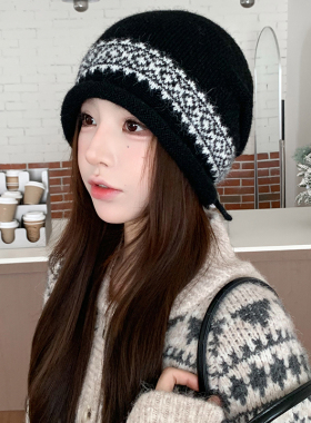 复古抽绳堆堆帽女秋冬保暖大头围
