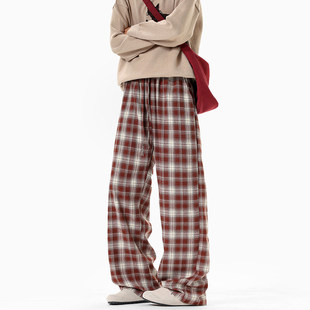 美式复古磨毛格子休闲裤男款秋季宽松阔腿裤格纹运动直筒长裤子潮