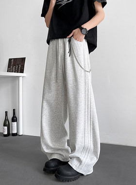 美式复古三条杠链条配饰阔腿卫裤男女春秋宽松休闲运动潮牌长裤子