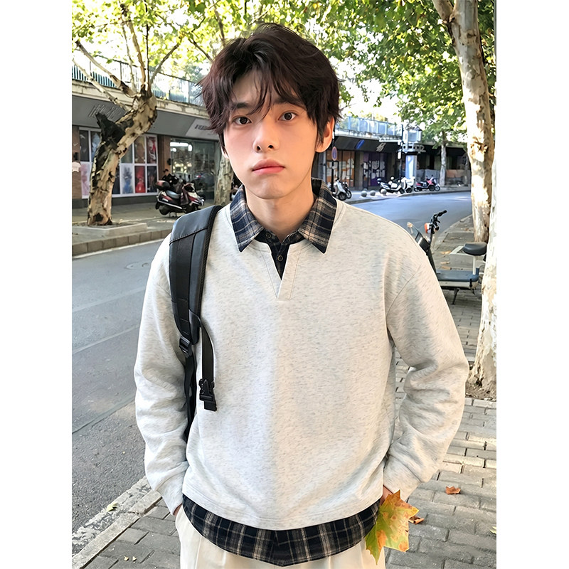 学院风假两件格子衬衫领拼接长袖T恤男款春秋季宽松百搭情侣上衣
