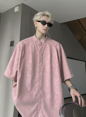 新中式国风粉色衬衫潮牌痞帅炸街短袖外套男款夏季冰丝五分袖衬衣