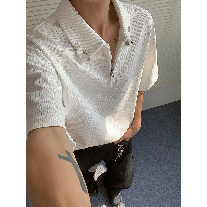 华夫格金属扣polo衫短袖男夏季美式半拉链高级感痞帅翻领半袖T恤