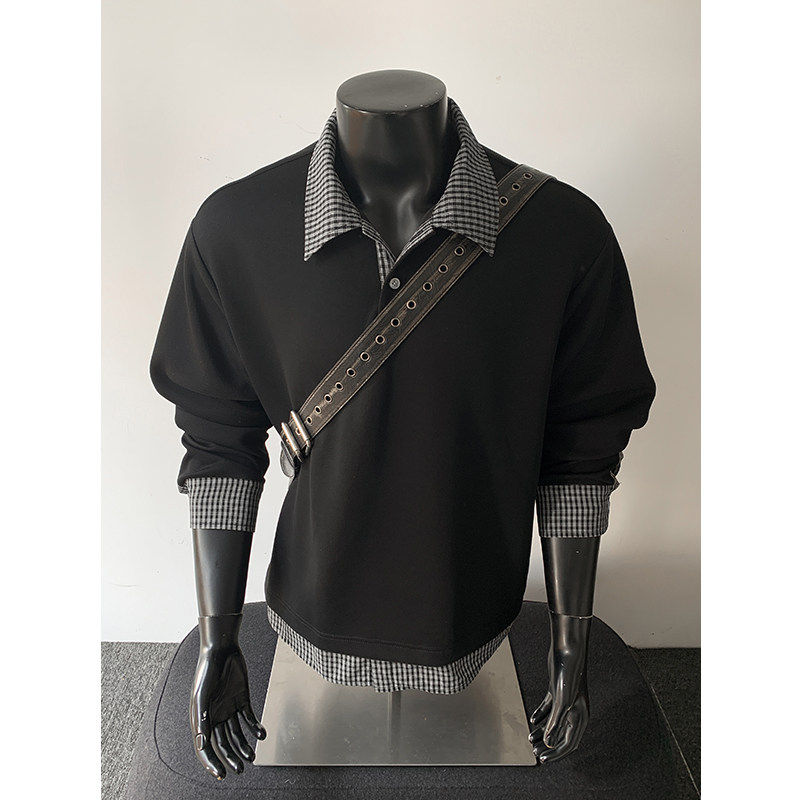 格纹拼接衬衫领假两件卫衣男款春季新款长袖翻领套头衫宽松上衣潮