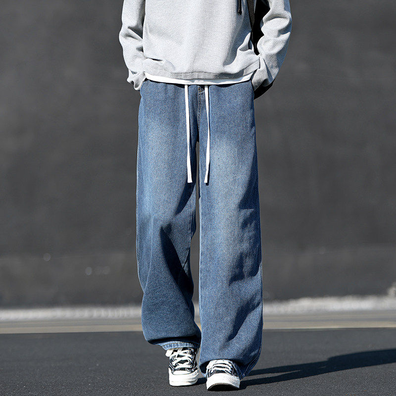 美式复古cleanfit阔腿牛仔裤男潮牌新款高街水洗做旧宽松直筒长裤