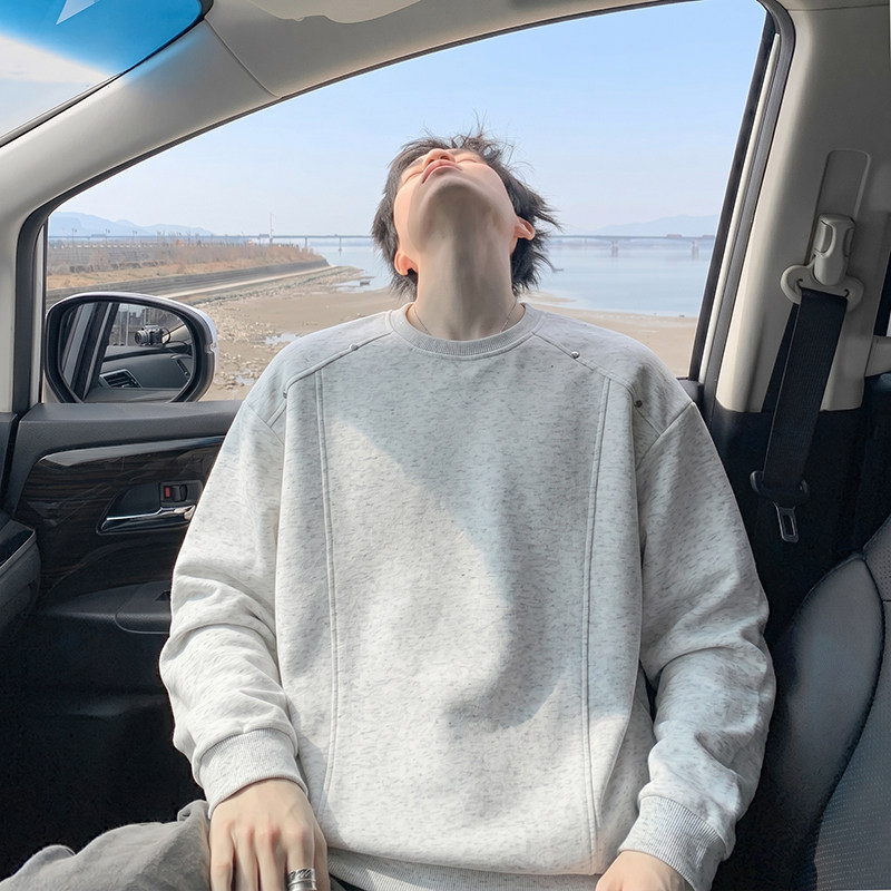 美式复古解构个性拼接铆钉圆领卫衣男款秋季潮流cleanfit打底上衣