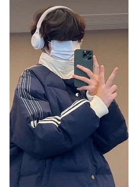 学院风撞色三条杠立领棉服棉袄男款冬季潮牌美式加厚保暖棉衣外套