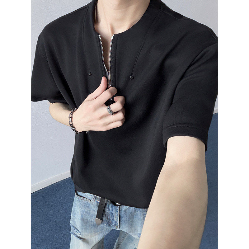 美式复古拉链半开领T恤男款夏季cleanfit短袖正肩显瘦上衣polo衫