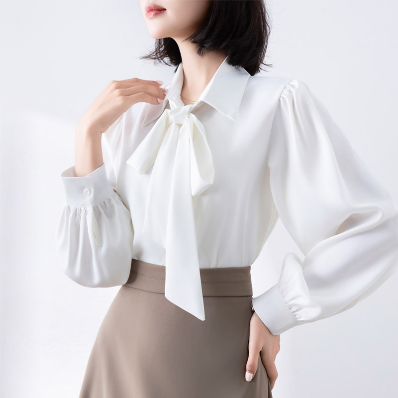 高级感气质垂感法式蝴蝶结白衬衫女雪纺春秋职业通勤飘带长袖上衣