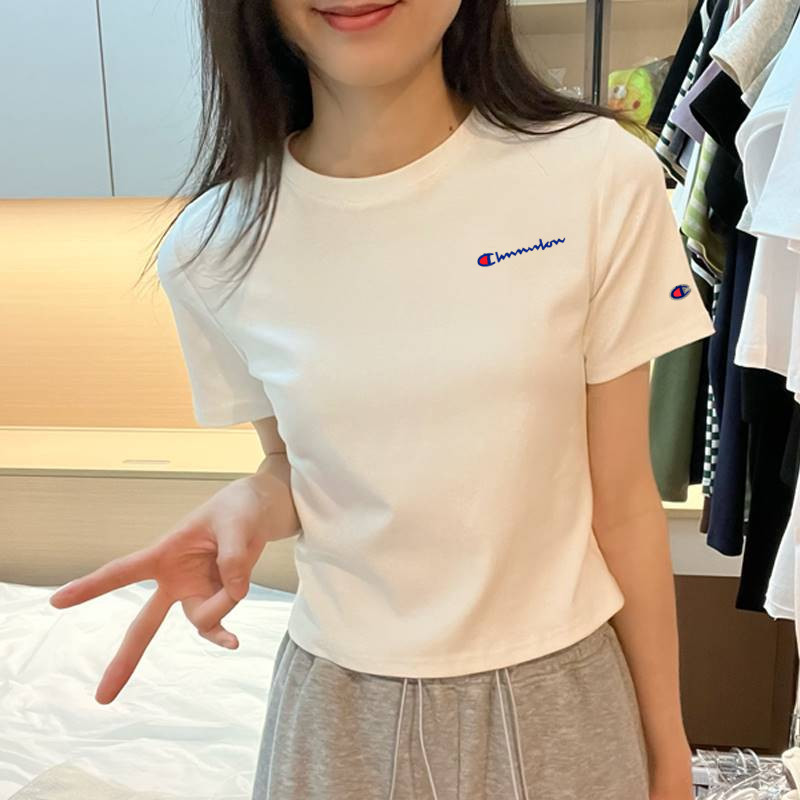 冠军刺绣女装辣妹小白T圆领短袖T恤高腰修身打底潮牌夏季短款半袖