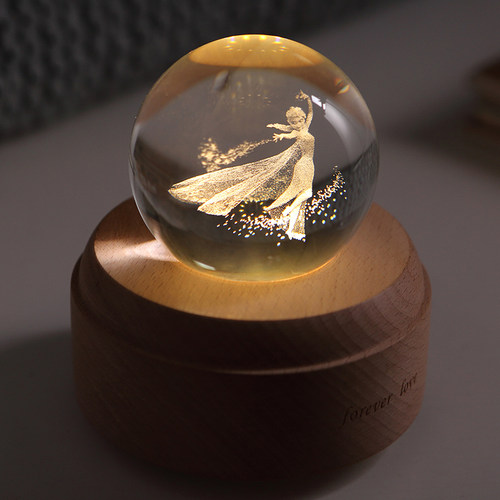 艾莎公主水晶球八音盒木质可旋转