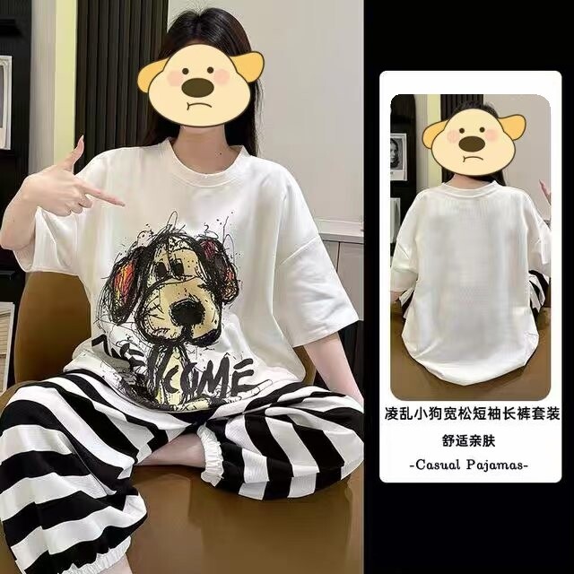 卡通韩版睡衣女夏季小狗短袖长裤家居服套装学生大码2025新款春秋