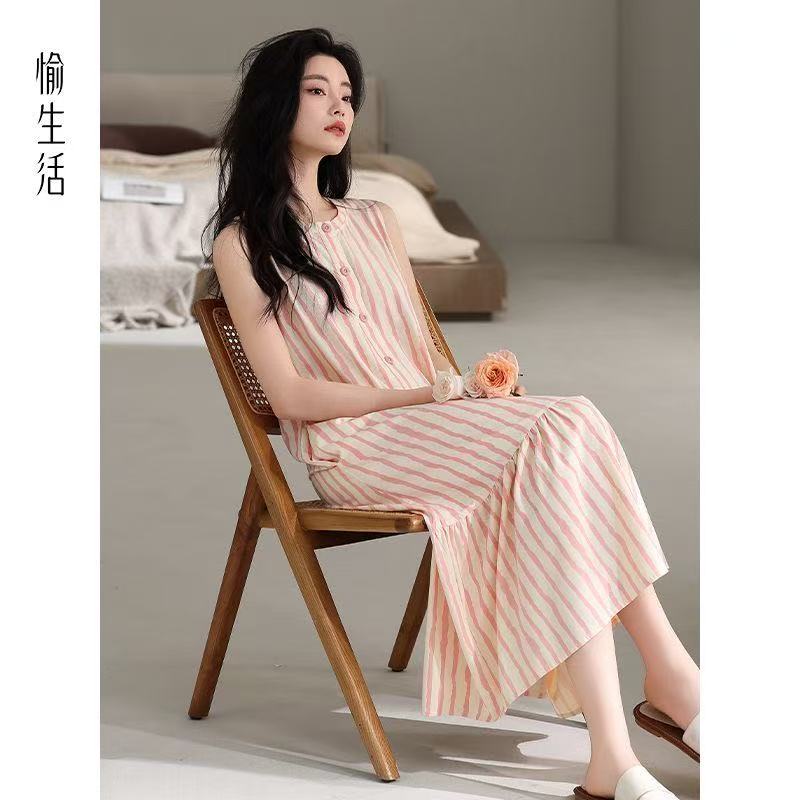 2026年睡裙女士条纹夏季背心中长款连衣裙甜美长裙睡衣家居服宽松图片