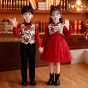 蓬蓬裙喜庆服 长袖 元 旦儿童中国风演出服红色合唱表演服男女童唐装