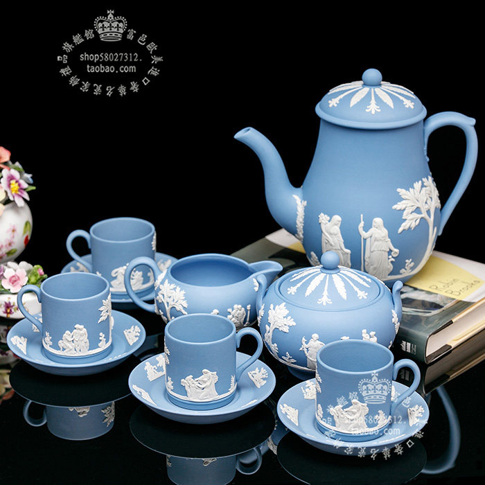 英国制Wedgwood浮雕玉石手工制陶瓷功夫咖啡杯咖啡壸具组11件套装