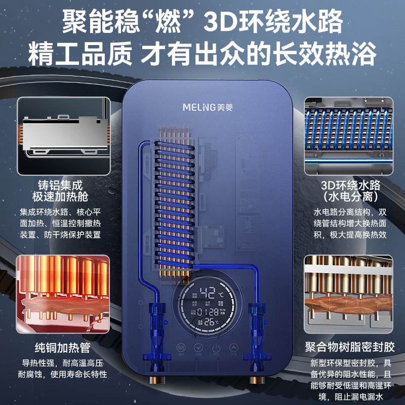 美菱即热式电热水器家用变频恒温快速过水热卫生间速热式洗澡神器