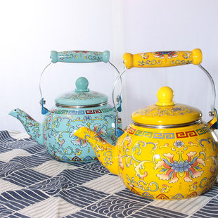 加厚珐琅搪瓷壶西瓜壶绿钩莲黄钩莲2.5L带滤网烧水壶泡茶壶胖壶
