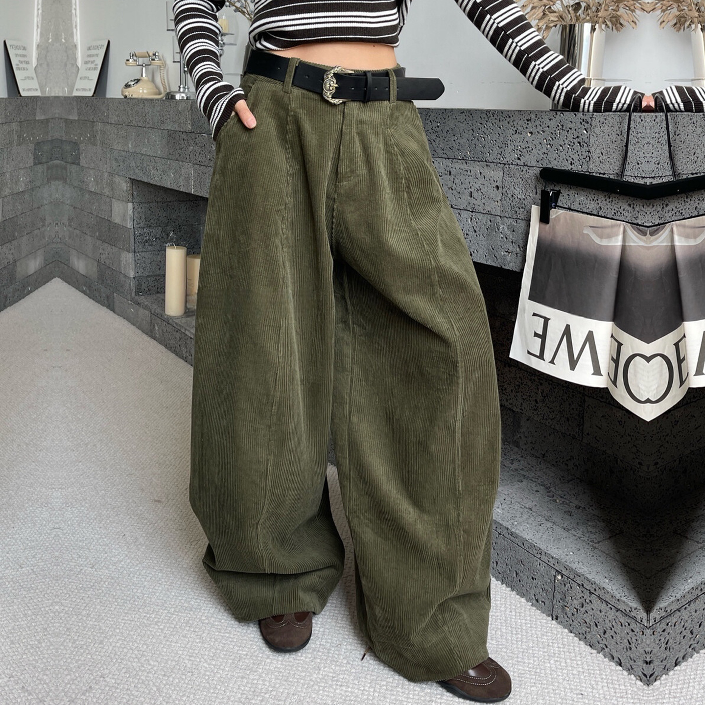 灯芯绒阔腿裤休闲裤长裤子