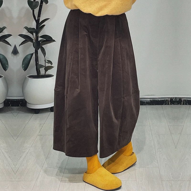 复古八分裤弯刀压褶灯芯绒休闲裤