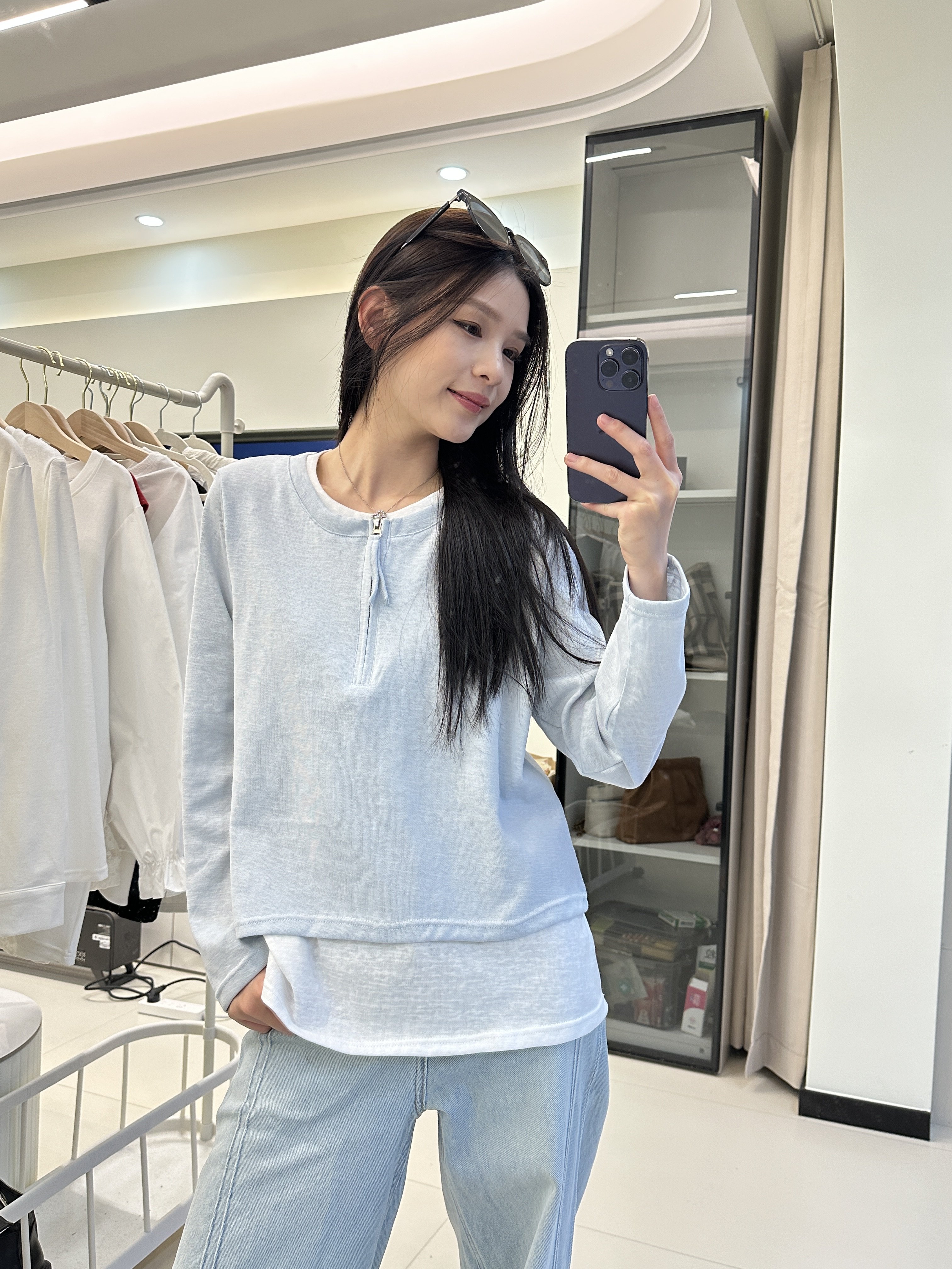 大码圆领假两件纯色拉链女装长袖显瘦韩版T恤宽松上衣冰丝棉软软