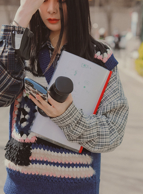 网红复古拼接设计感宽松长袖格子衬衣中长款慵懒风休闲衬衫上衣女