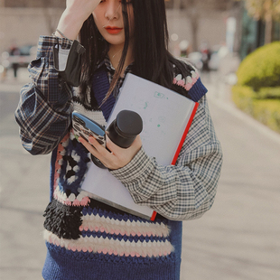 慵懶風休閑襯衫 上衣女 格子襯衣中長款 網紅復古拼接設計感寬松長袖