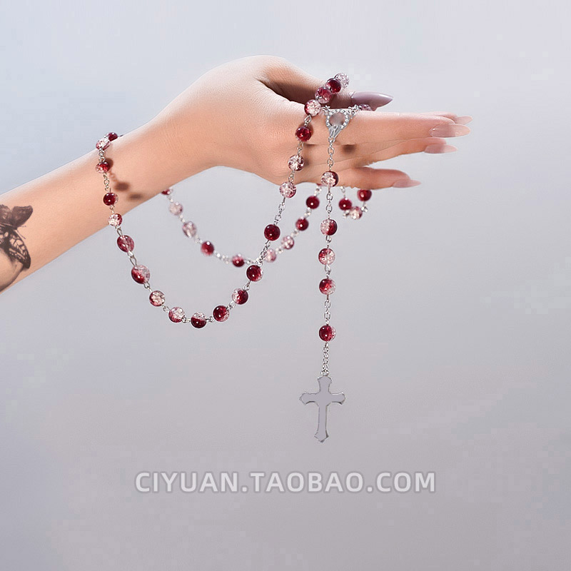 亚文化暗红长款十字架挂脖项链