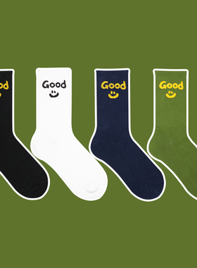 Drew美式潮牌笑脸字母袜子欧美小众街头潮流运动中筒袜男女纯棉