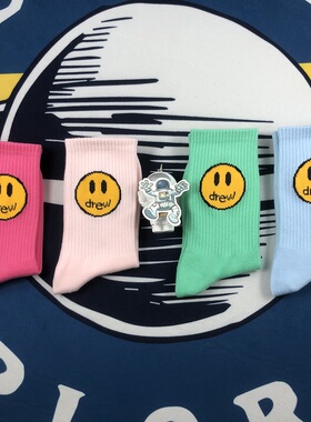Taikonaut 新配色比伯同款笑脸袜子欧美街头潮牌纯棉运动中筒袜