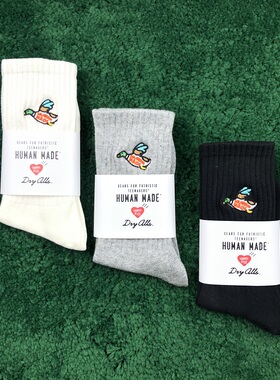 日版HUMAN 小飞鸭子刺绣袜子中高筒运动纯棉袜男女街头潮袜