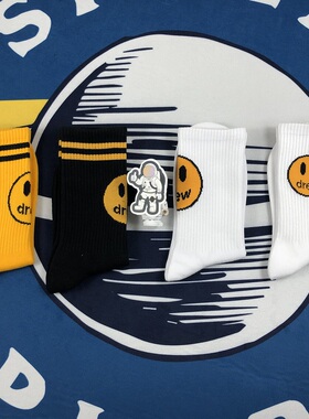 现货 DerwHouse 比伯同款笑脸中筒欧美街头嘻哈滑板运动男女潮袜