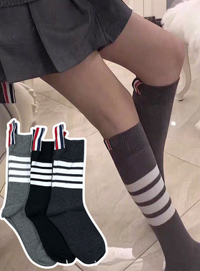 现货爆款TB袜子女春夏JK棉网红INS潮中长筒灰色四杠条纹小腿袜女