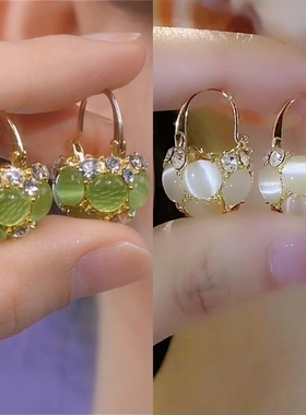 绿色满钻猫眼石耳环女气质高级感花篮耳扣精致法式轻奢名媛耳饰潮