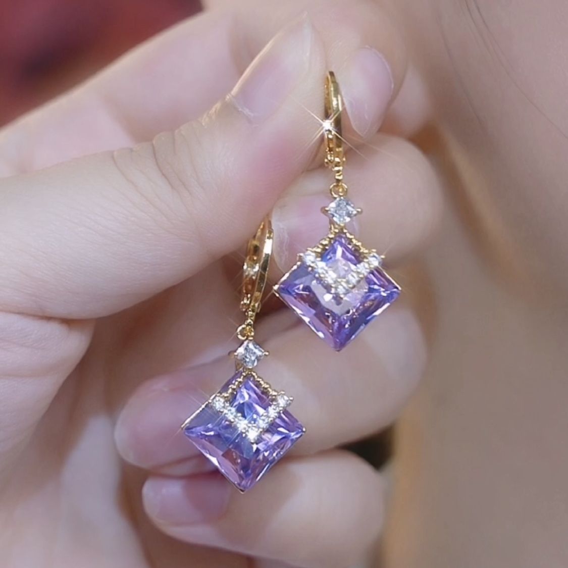 轻奢紫色几何菱形水晶耳环女耳扣
