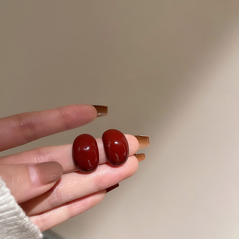 s925银针酒红色耳环小众设计感冷性风简单半圆耳钉气质名媛耳饰品,饰品/流行首饰/时尚饰品新,耳环,淘宝优惠券,粉丝福利购,淘宝优惠卷