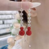 2024年新款 潮红色葫芦流苏耳线高级感轻奢长款 锆石水晶耳环耳饰女