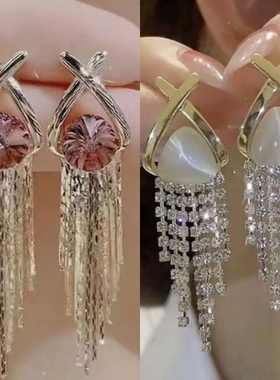 s925银针轻奢紫色水晶流苏耳环女独特气质锆石耳钉新款爆款耳饰品