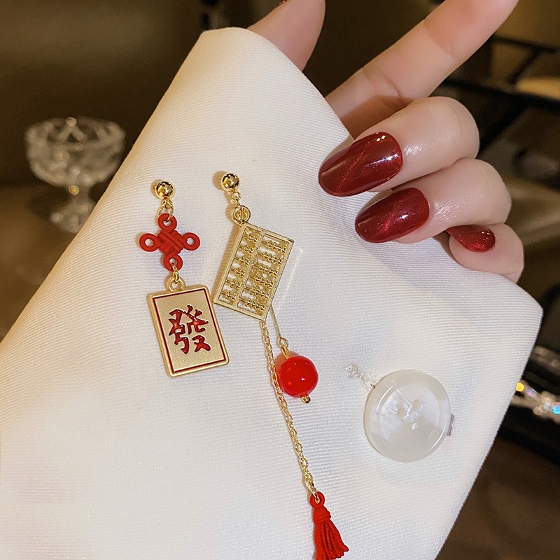 s925银针不对称算盘发字流苏耳钉个性小众设计感红色装饰耳饰配饰