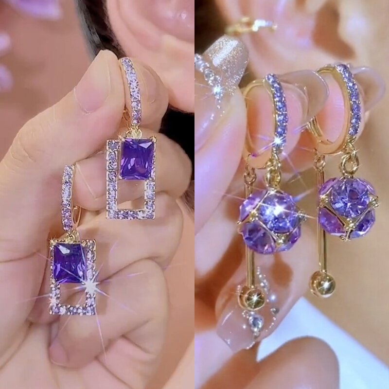 满钻紫色水晶方块球球耳环耳饰品