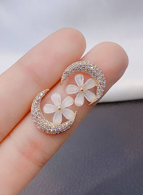 s925银针满钻月亮精致百搭耳环耳钉百搭潮五瓣花耳饰超闪小巧简约