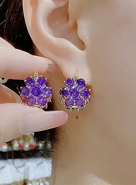 s925银针紫色花耳钉2023年新款潮轻奢气质高级感复古港风耳环女