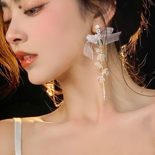 超仙网纱蝴蝶结流苏长款耳环
