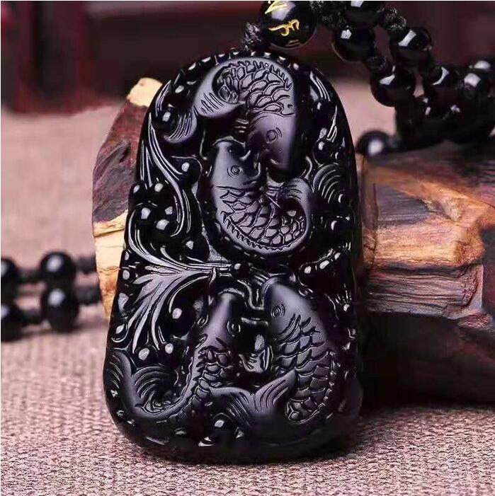 天然金曜石年年有余毛衣链吊坠