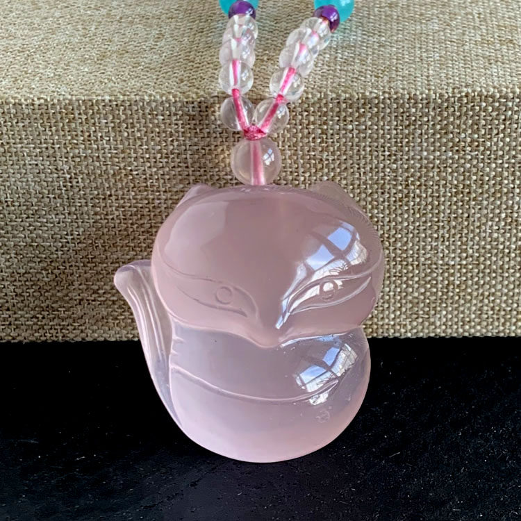 天然星光粉水晶雕刻狐狸吊坠项链