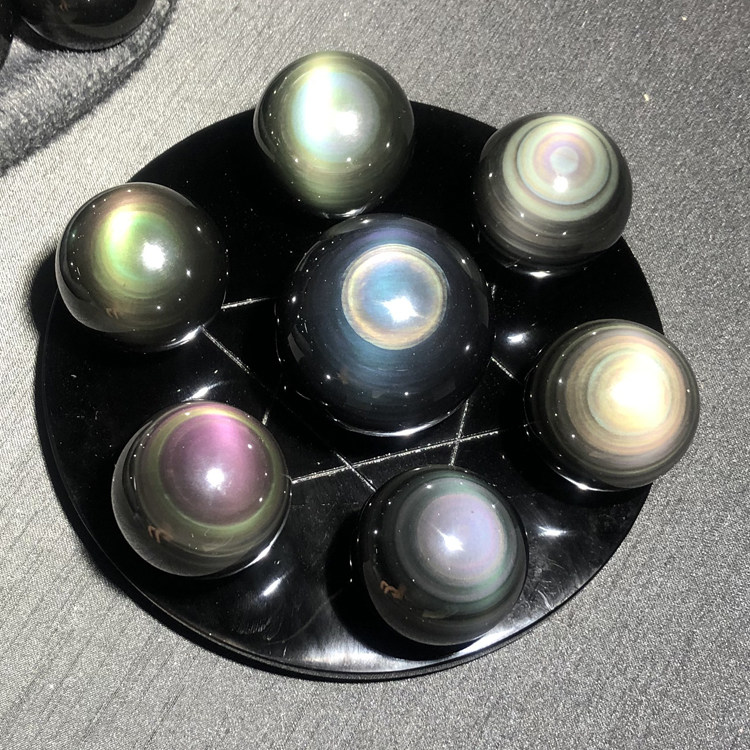 千蕊天然黑曜石球七星阵摆件 大号水晶球家居摆件彩虹眼猫眼实物