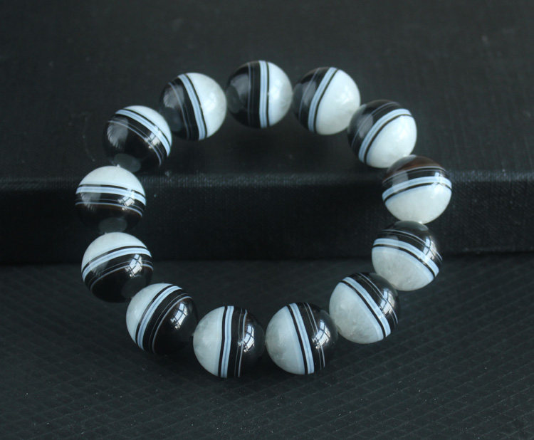 天然黑玛瑙手链 黑玛瑙白水晶聚宝盆手串 大号男款天地阴阳珠实物