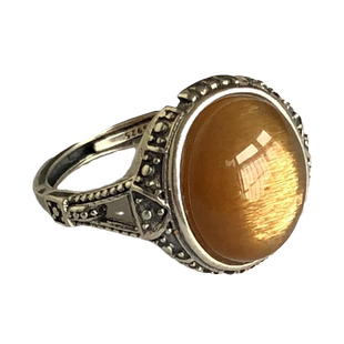 千蕊天然太阳石戒指黑太阳蛋面镶嵌指环食指中指大号银镶男款可调