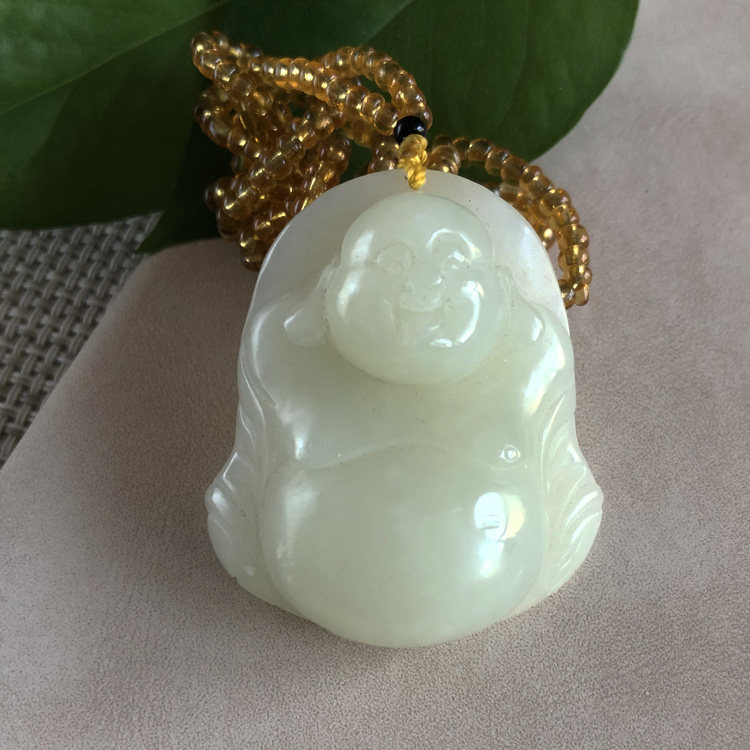 千蕊天然和田玉雕刻佛吊坠弥勒佛笑佛修心修佛玉项链送证书实物