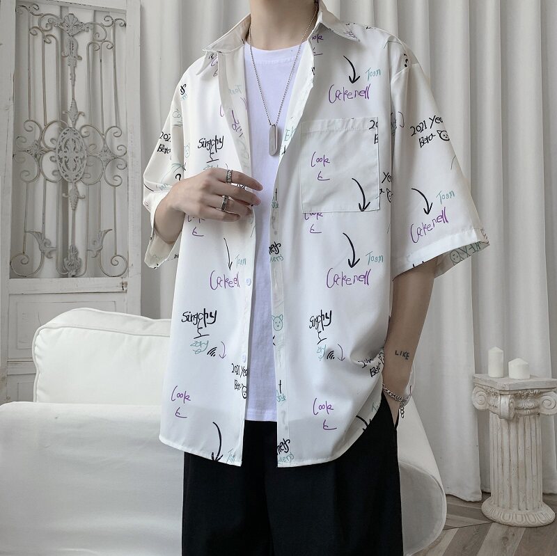 新品小清新免烫印花衬衫男生情侣宽松衬衣XZ-702-CS109P40，男装衬衫，电商A430（原星座702）