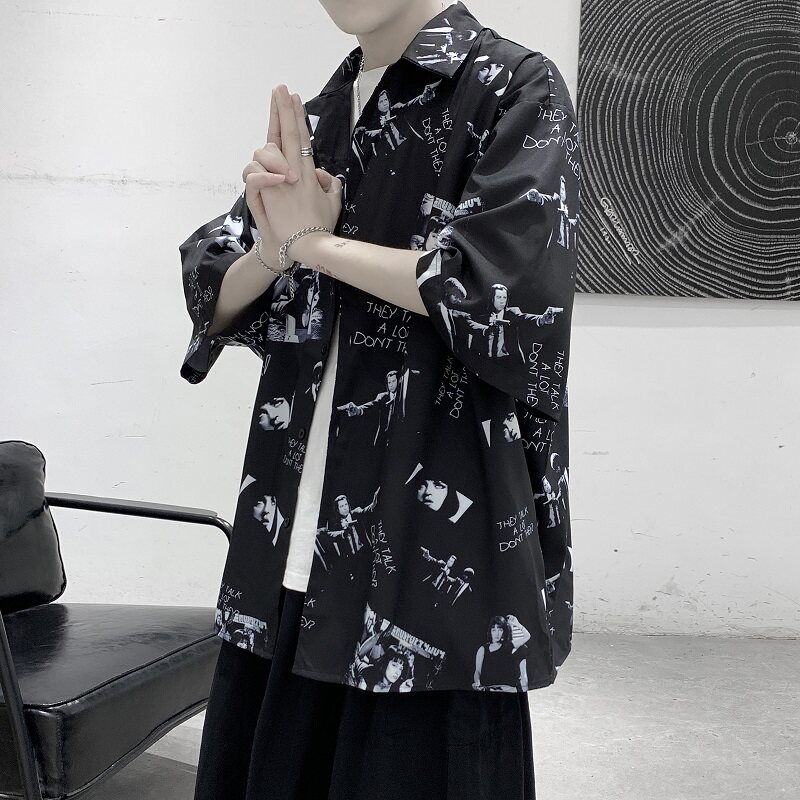 港风宽松免烫印花短袖衬衫外套XZ-702-CS103P40,男装衬衫,电商A430（原星座702）